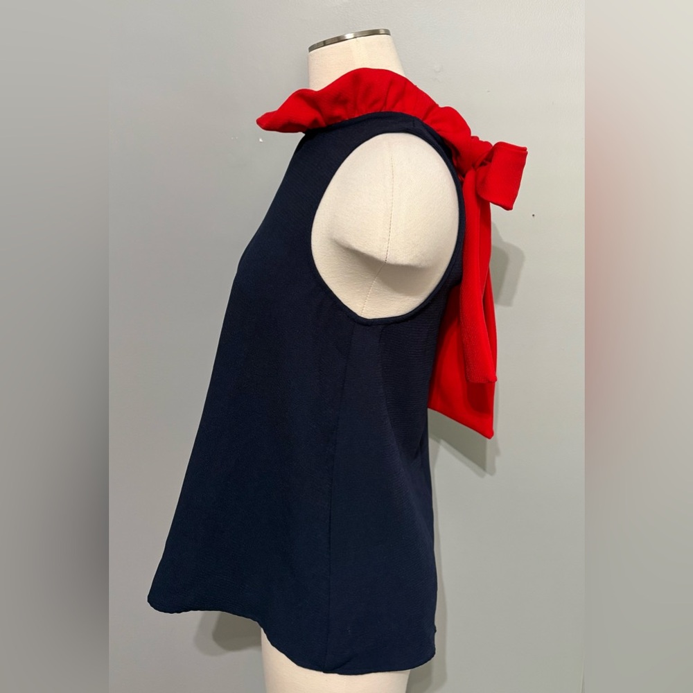Tuckernuck Pomander Place Mason Ruffle Bow Tie Blouse Navy and Red Size XS - Picture 4 of 8
